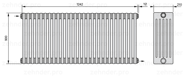 Схема (чертеж) Радиатор Zehnder Charleston 6090/27 №1670 Белый глянцевый RAL 9016